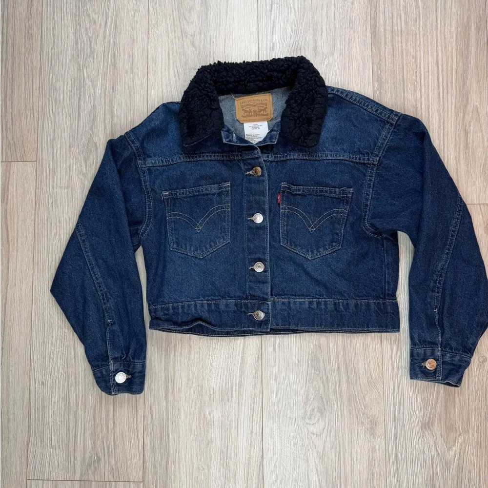 Levi's Kids Dark Blue Denim Trucker Jacket W/ Faux Sherpa Collar 10-12yrs Size M